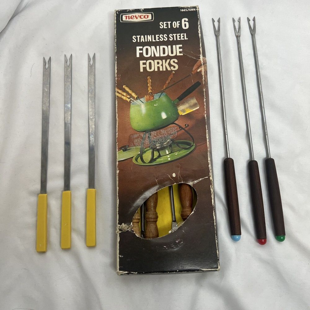 Vtg Stainless Steel‎ Nevco Fondue Forks Set Of 6 Plus 6 Extra Colored Tips